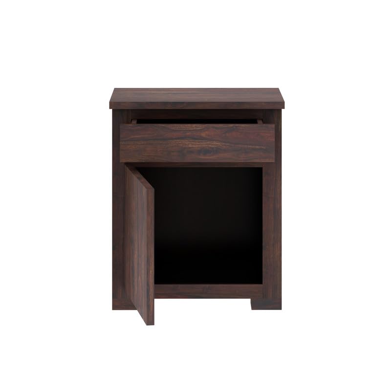 Image of Solid Sheesham Wood Bedside Table with 1 Drawer & 1 Door Storage, End Table, Side Table for Bedroom, Living Room, Home (Walnut Finish)