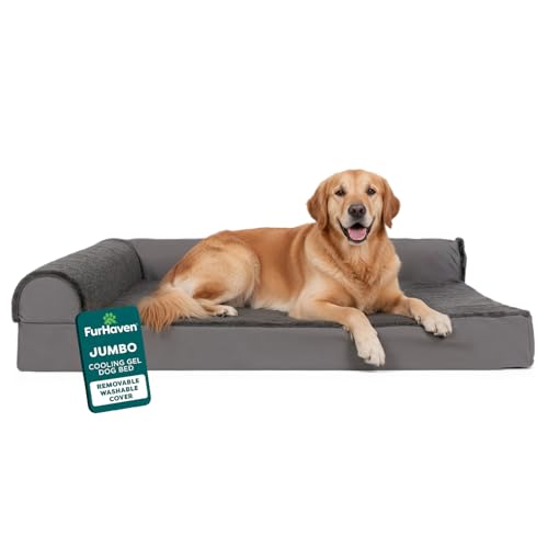 Image of Furhaven Cooling Gel Dog Bed for Large Dogs w / Removable Bolsters & Washable Cover, For Dogs Up to 95 lbs - Plush & Velvet L Shaped Chaise - Platinum Gray, Jumbo /XL