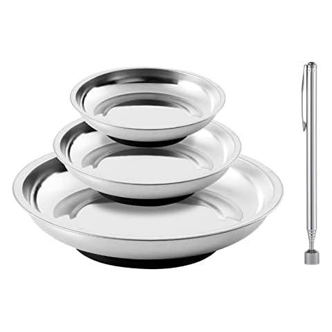 Rechabite 3 Pieces Magnetic Tool Trays with 5LBs Telescoping Magnetic Pick-up Tool Set, 3" 4" 6" Stainless Steel Magnet Tray Parts Holder for Screws, Mechanic's Cover