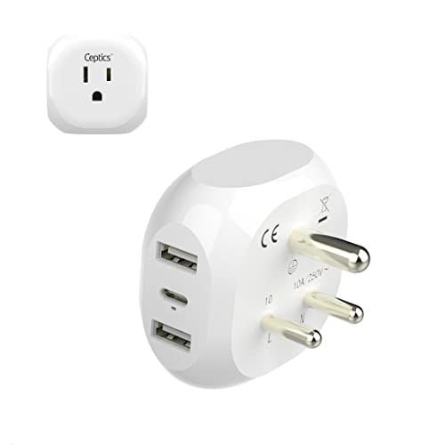 Ceptics India, Pakistan Travel Adapter - 5 Input with QC 3.1A Dual USB and USB-C - Ultra Compact -...