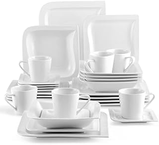 MALACASA, Series Elvira, 30-Piece Cream White Porcelain Dinner Set with 6-Piece Cups 6-Piece Saucers 6-Piece Dessert Plates 6-Piece Soup Plates and 6-Piece Flat Plates
