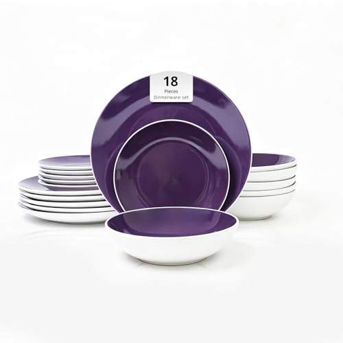 HomeVss Stoneware Coupe 18pc Dinner Set, Outside White + Inside Purple