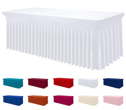 Image of Smiry Spandex Elastic Fitted Table Cloth Skirt for 6FT Rectangle Table | Stretch Washable Table Cloth, Banquet Table Cover for Wedding, Party, Indoor & Trade Shows, (White, 72Lx36Wx30H)