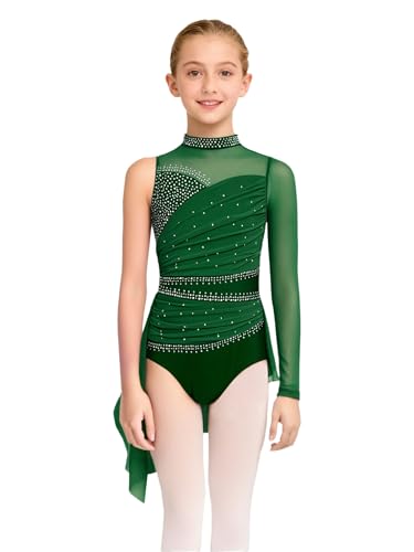 JEATHA Vestido Patinaje De Manga Larga para Niña Maillot con Falda De Gasa Asimétrica Vestido De Ballet para Competición Verde 11-12 años