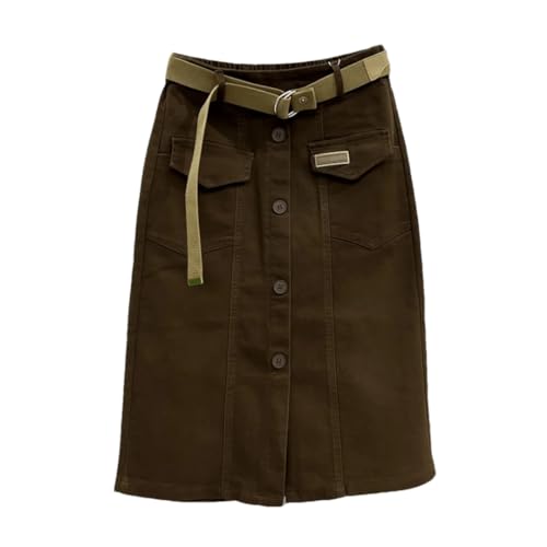 Hndudnff Falda vaquera para mujer, cinturón de botonadura simple, cintura elástica, faldas largas delgadas, vintage, Cinturón marrón, 44