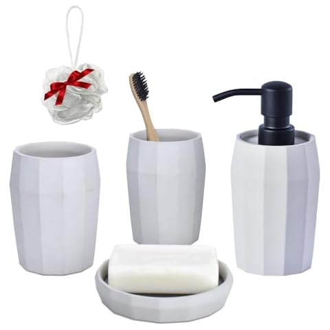 Bathroom Accessories Set,5 Pcs Concrete Polygon Bathroom Soap Dispenser Toothbursh Holdeer Set Tumbler Soap Dish Bath Sponge Gift Cover