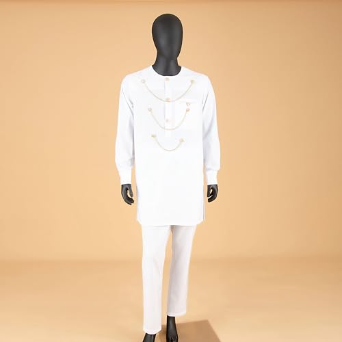 African Slim Print Lace Pearl Dresses for Women Matching Couple Outfits Men Clothes Chain Top and Pant Sets2