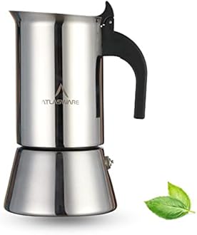 Atlasware Stainless Steel Mocha Design Coffee Maker | Induction, Gas, Hot Plate Compatible | Compact BPA Free Espresso Filter Coffee Black Tea Pot Percolator for Home, Kitchen, Travel (Silver, 6 Cup)