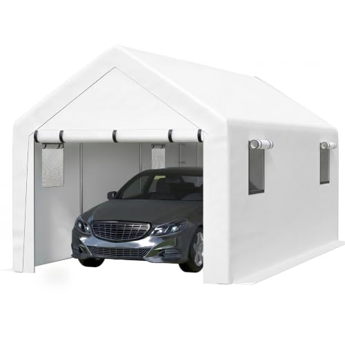 Image of Jocoevol 10x20 FT Enclosed Carport with Roll-up Windows, Removable Sidewalls & Doors and Sandbags for Car Boat Truck Motorcycle, White