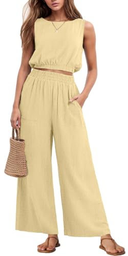GRECERELLE 2 Piece Outfits for Women Sleeveless Crop Top Wide Leg Palazzo Pants Linen Set for Women Butter Yellow-M