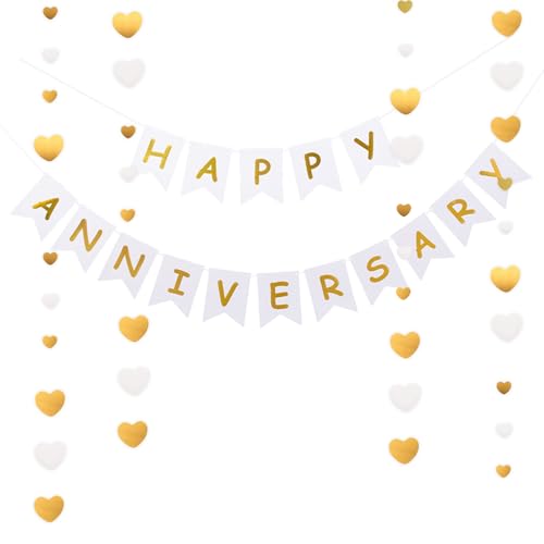 Image of Happy Anniversary Banner Balloons Wedding Love Party and Background Indoor Outdoor Decorations (Gold White Heart)