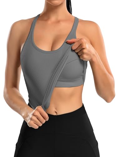 Image of ATTRACO Ribflex Ribbed Workout Crop Tops with Built in Bra for Women Yoga Racerback Tank Top Slim Fit