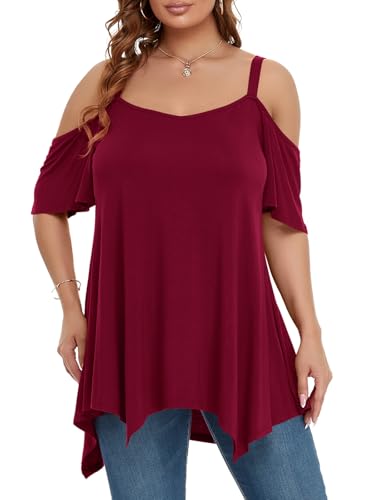 Image of LARACE Cold Shoulder Tops for Womens Summer Clothes Spaghetti Strape Tunic Oversized Shirts Asymmetrical Plus Size Blouse