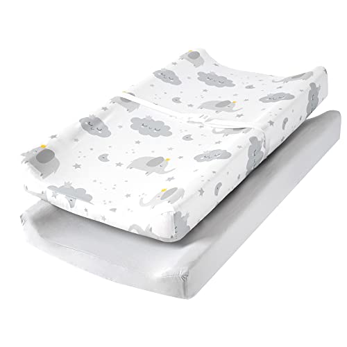 Image of TILLYOU Changing Pad Cover Set in Soft Jersey Material - Fits 32"/34''x16" Contoured Pad for Babies, Elephant & Cloud, Grey