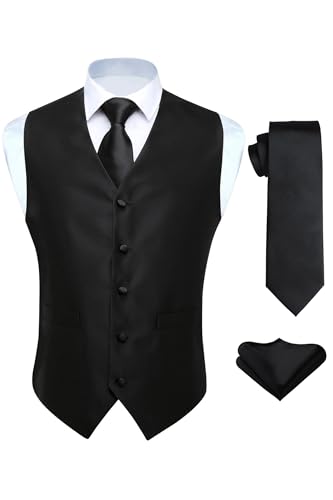 HISDERN Anzugweste für Herren Schwarz Hochzeit Weste und Krawatte und Einstecktuch Set Einfarbige Weste Herren Anzug mit Taschen Party 6XL