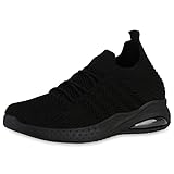  VAN HILL Damen Laufschuhe Sportschuhe Flache Strick Stoff Schuhe Profilsohle Schnürer Sportliche Freizeit Turnschuhe 205543 Schwarz 41