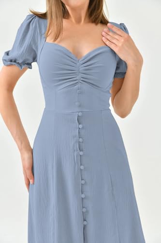 Image of Shasmi Girl's & Women's Solid Midi Dress - Elegant Square Neck Button-Down Dress with Puff Short Sleeves | Stylish Casual & Party & Office Wear Outfit (Dress 105)
