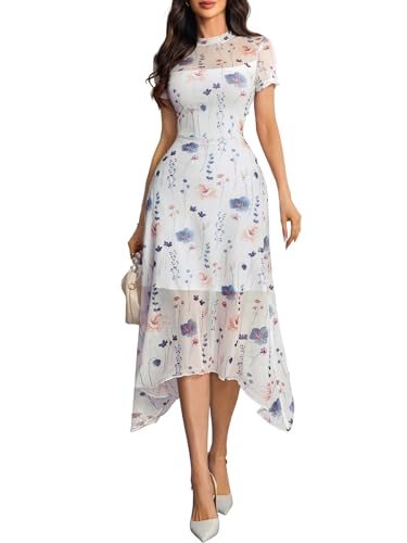 Image of GothDark Women Summer Wedding Guest Floral Mesh Irregular Hem Midi Dress | A-Line, Short Sleeve, Sheer Mesh Overlay, Elegant Vintage Dresses For Party, Semi Formal, Vacation, Dinner, Church