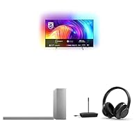Philips 43PUS8507/12 43 Zoll 4K Smart TV UHD LED Android TV mit Ambilight, Fernseher mit Dolby Vision und Atmos Sound, kompatibel mit Google Assistenz und Alexa + Soundbar mit Subwoofer + Kopfhörer