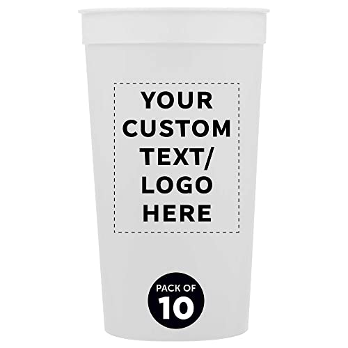 Custom Plastic Stadium Cups 32 oz. Set of 10, Personalized Bulk Pack - Perfect for Summer, Sporting Events, Birthdays, Picnic, Beach, Parties - White