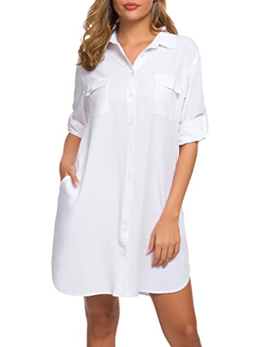 MANAIXUAN Women's Shirt Dress V Neck Long Sleeve Loose Casual with Pockets Front Button3