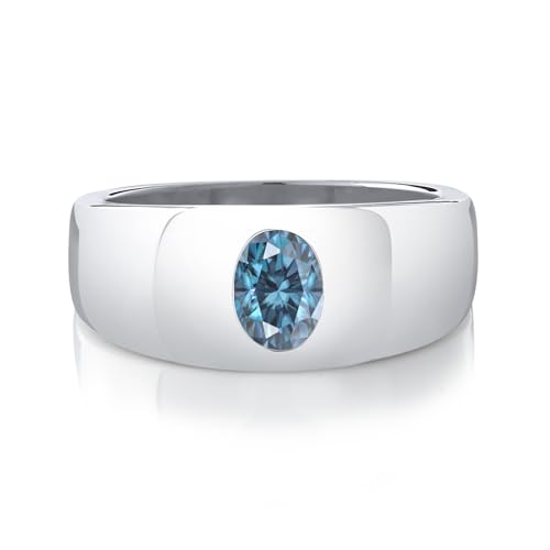 Gem Stone King Men's 925 Sterling Silver Persian Blue Moissanite Ring | 1.38 Cttw | Oval 8X6MM | Gemstone | Available in Size 7,8,9,10,11,12,132