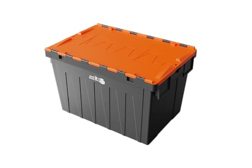 RACK IT STACK IT Large Stackable Storage Tote Boxes with Attached Lids 62 Litre Capacity 30kg Load Choice of Coloured Lids (Orange)