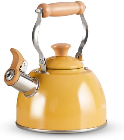 Small yellow whistling tea kettle with a solid wooden handle and a short spout