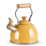 ROCKURWOK Whistling Tea Kettle, 1.6 QT / 50 OZ, Yellow Teapot, Universal Base for Induction | Gas | Electric | Halogen | Radiant, Wooden Handle, Vintage