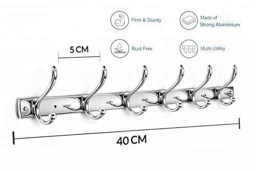 Image of Exclusive Extra Long 40 cm Chrome Finished 6 Pin Metal Bathroom Cloth Hooks Hanger Door Wall Robe Hooks Rail for Hanging Keys,Clothes,Towel (2, Chrome)