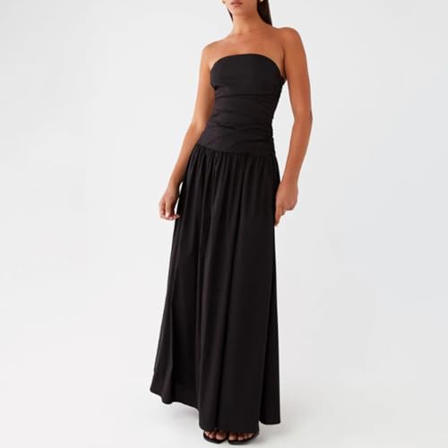 Image of Women Tube Top Maxi Dress 2025 Elegant Sleeveless Strapless Ruched Flowy Summer Long Wedding Party Cocktail Dresses