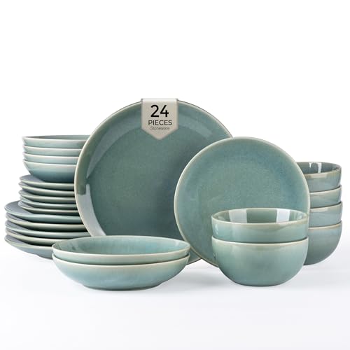 Image of GBHOME Dinnerware Sets with Double Bowls for 6, 24 Pieces Stoneware Plates and Bowls Set, Scratch Resistant Ceramic Dishes Set, Dishwasher & Microwave Safe-Malachite Green