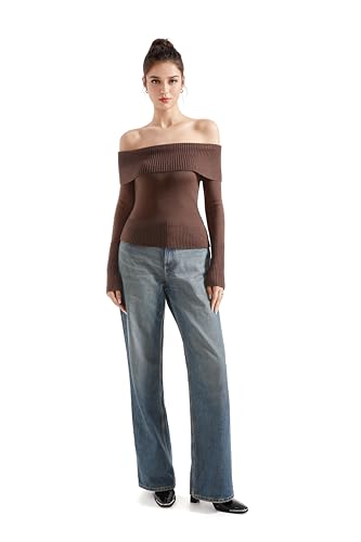 Image of SUUKSESS Women Off Shoulder Sweaters Long Sleeve Ribbed Knit Going Out Fall Tops Blouse
