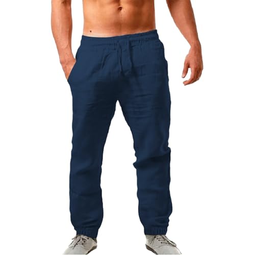 Linen Pants Men Summer Casual Drawstring Low Rise Elastic Waist Pants Lightweight Comfy Loose Yoga Long Beach Trousers