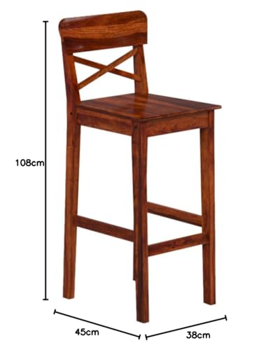 Image of Solid Sheesham Wood Bar Chair Set of 2 | Wooden Bar Stool for Kitchen Counter, Breakfast Table, Cafe & Home Bar | Cross Back Tall Chair with Footrest | Honey Natural Finish