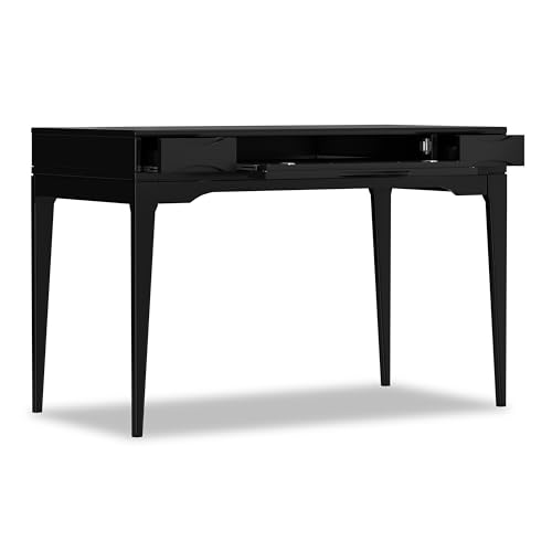 Image of SIMPLIHOME Harper Small Desk - 48 inch Wide Solid Hardwood Writing Desk in Black, Mid-Century Modern Home Office Table for Study or Work with 2 Drawers and Flip-Down Keyboard Tray