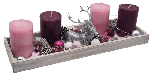 ZauberDeko LED Adventsgesteck Weihnachtsdeko Tablett Holz Hirsch Silber...