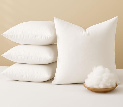 HEIRLOOM COMFORT Square Throw Pillow Inserts (Pack of 4 12x12 White Polyester) - Fluffy Decorative Cushion Fillers for Couch Bed & Chair - Perfect for Styling Back Support & Everyday Comfort