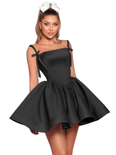 Spaghetti Straps Homecoming Dresses with Bow Short Satin Cocktail Party Gowns