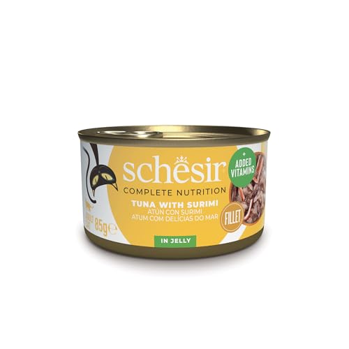 Schesir Thunfisch mit Surimi in Gelatine, Nassfutter für Katzen, in Dosen, 100% natürlich, mit zusätzlichen Vitaminen, 12 x 85 g