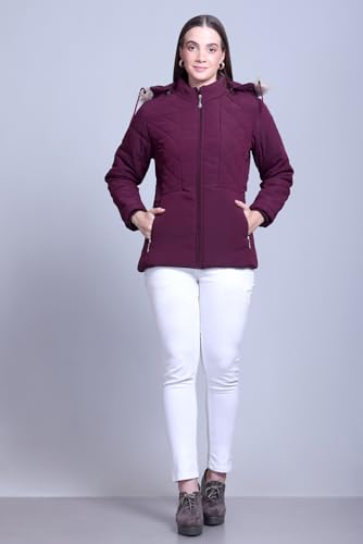 Image of Women's Quilted Winter Puffer Jacket with Fur Hood, Plum Purple, Full Zip