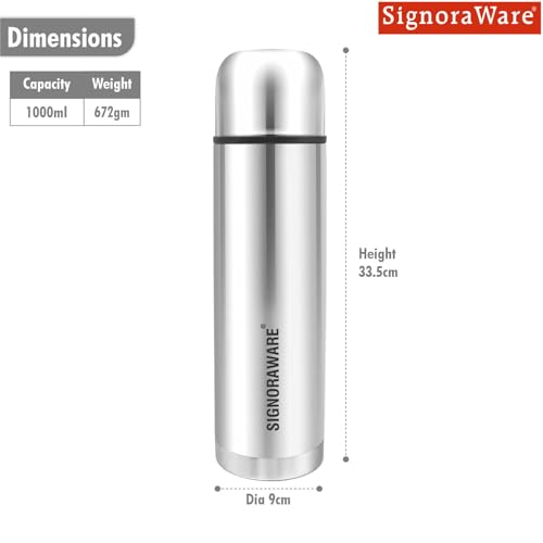 Image of SignoraWare Bullet Stainless Steel Vaccum Insulated ISI Certified Cola Bottle with Protective Cover | Airtight & Leakproof | Hot & Cold for Hours | Durable Flask for Outdoor Use (1Ltr | Steel)