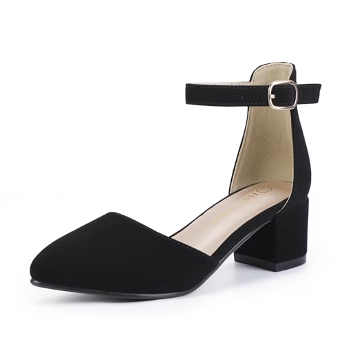 Image of Hehainom Girls Dress Shoes Chunky High Heels Ankle Strap Pumps | Pointed Closed Toe, Little Big Kid, Adjustable Buckle, Mary Jane, Wedding, Party, Communion, Flower Girl