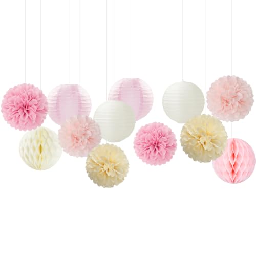 Image of Pink Beige Yellow Party-Decorations Paper-Flowers - 15pcs Tissue Pom Poms Lanterns Streamers,Birthday Baby Bridal Shower Bachelorette Hanging Supplies Hugfond