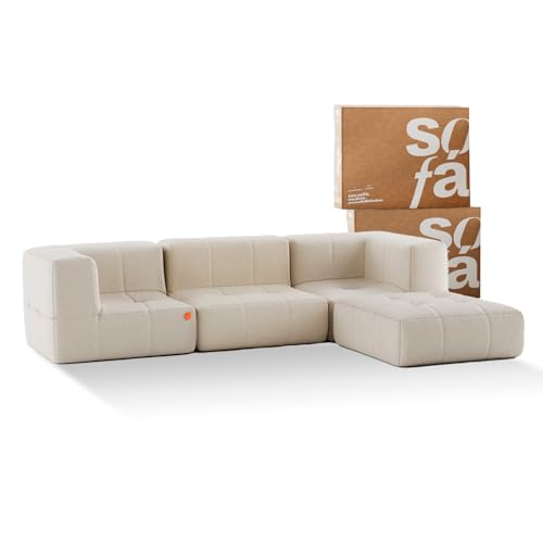 Sofá 3 lugares Modular com Apoio (Puff) - Sofá na Caixa em Boucle com 4 Módulos 2,58m (Linho, 2 Braços)
