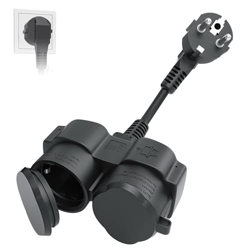Doppelstecker für Steckdose Doppelsteckdose Außen Verlängerungskabel Doppelstecker Schuko-Doppelstecker Wasserdicht lP44 für Garten Küche Schwarz