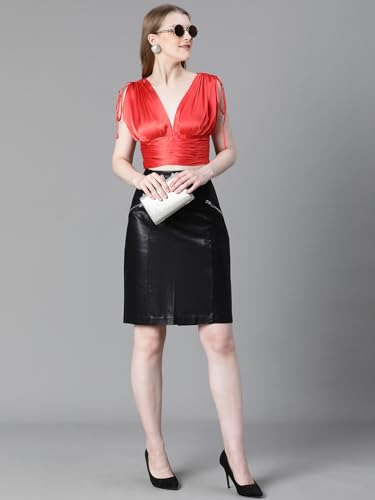Image of oxolloxo Women Solid V-Neck Elasticated Tie-Up Satin Crop Top