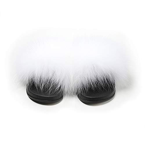 Fur Story Women's Fox Fur Slides Furry Slide for Outdoor Fluffy Sandals Open Toe Fur Slippers (White, 8.5) - Thumbnail 2
