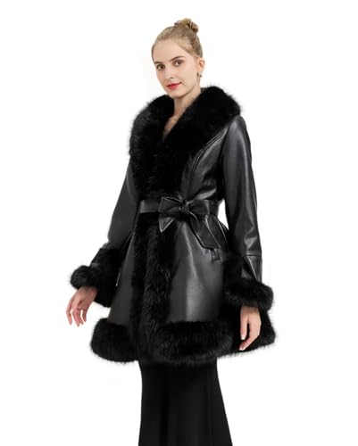 AOWITH Women Faux Fur Leather Long Trench Coat, Winter Warm Collar