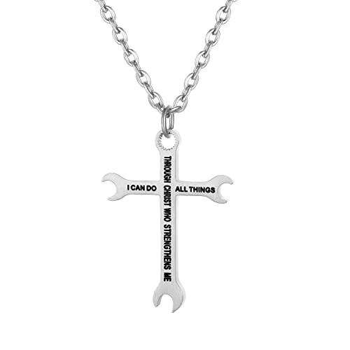 Cupimatch Men's Wrench Cross Pendant Necklace Titanium Steel Bible Verse Philippians 4:13 I CAN DO ALL THINGS Plumber Tool Cross with 22